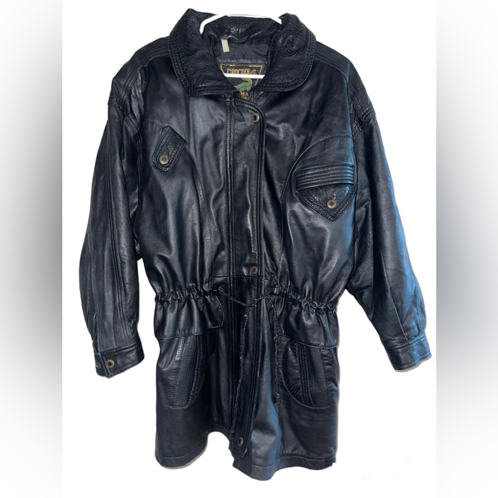 Rare Real Leather Cinched Waist Y2K Vintage Crocodile Coat - Korea Club 1994